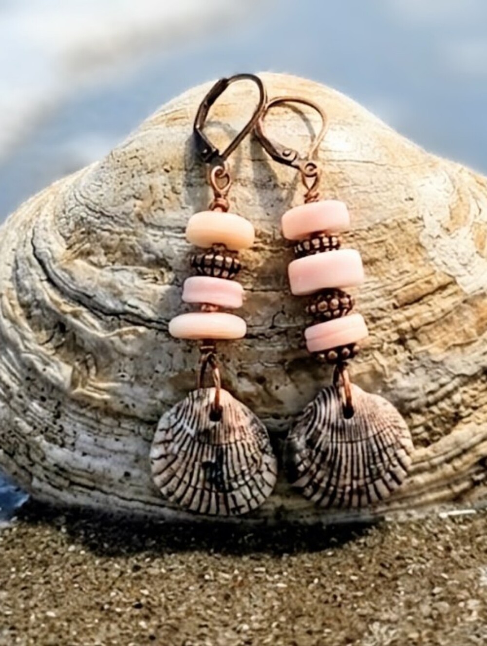 Genuine Queen Conch & Shell In Handmade Rustic Earrings In Antique Copper